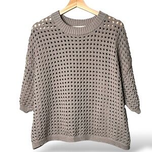 DR 2 Tan Open Knit Short Sleeve Cropped Crew Neck Sweater US Sz L